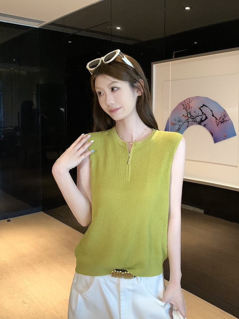實拍~針織圓領無袖半開拉鏈背心女2026夏季坑條修身顯瘦氣質上衣