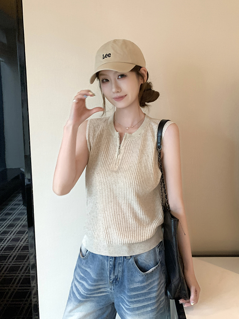 實拍~針織圓領無袖半開拉鏈背心女2026夏季坑條修身顯瘦氣質上衣