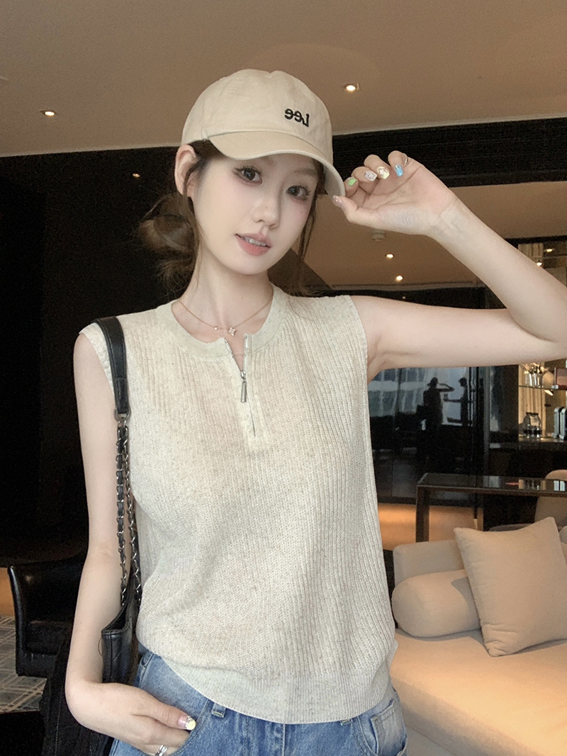 實拍~針織圓領無袖半開拉鏈背心女2026夏季坑條修身顯瘦氣質上衣