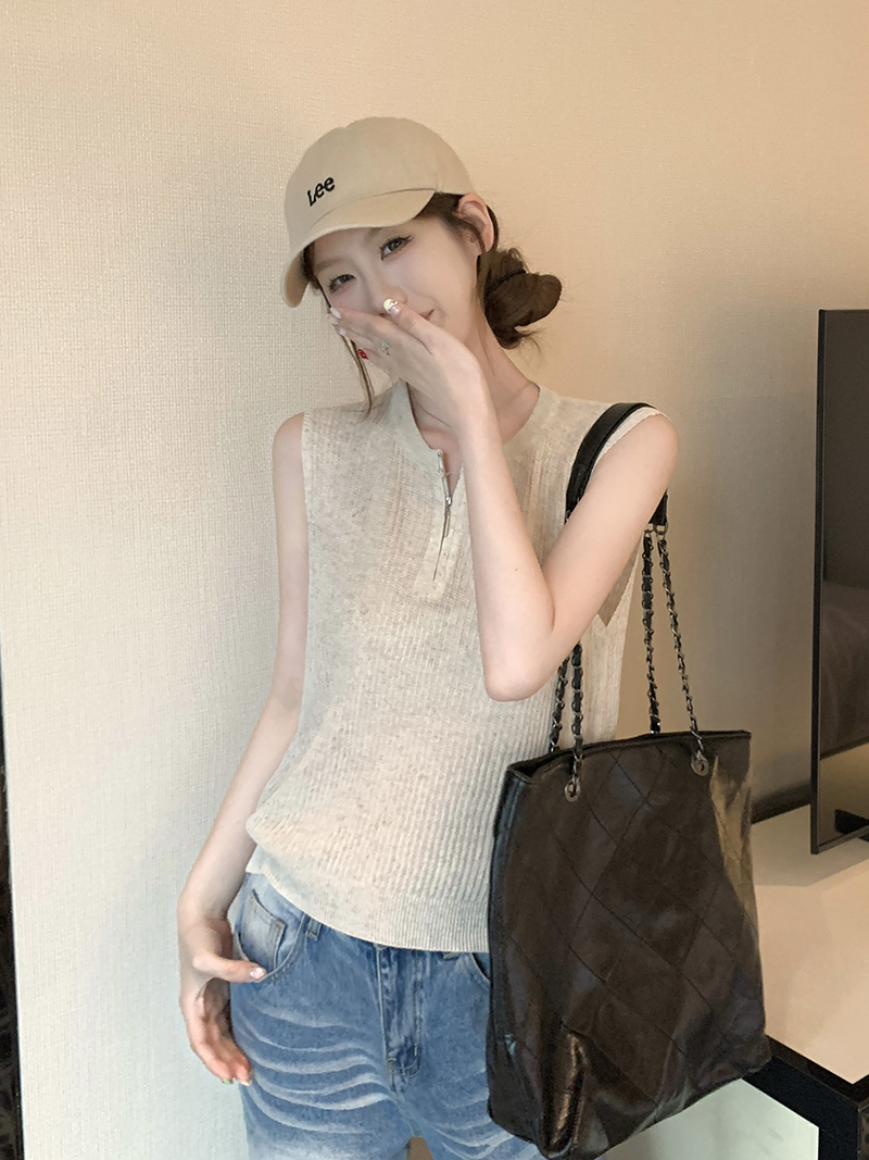 實拍~針織圓領無袖半開拉鏈背心女2026夏季坑條修身顯瘦氣質上衣
