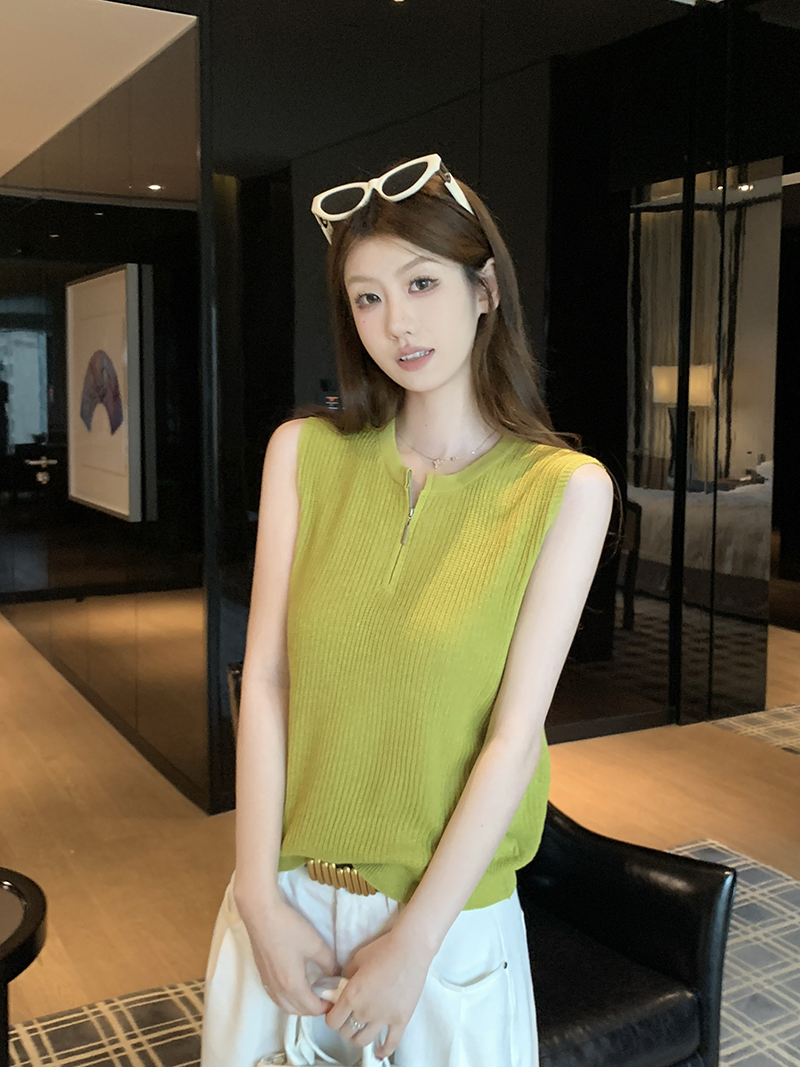 實拍~針織圓領無袖半開拉鏈背心女2026夏季坑條修身顯瘦氣質上衣