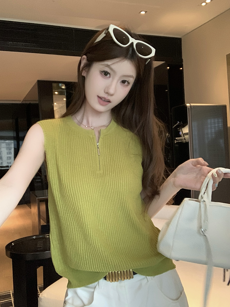 實拍~針織圓領無袖半開拉鏈背心女2026夏季坑條修身顯瘦氣質上衣