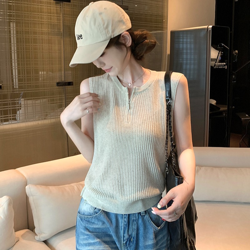 實拍~針織圓領無袖半開拉鏈背心女2026夏季坑條修身顯瘦氣質上衣