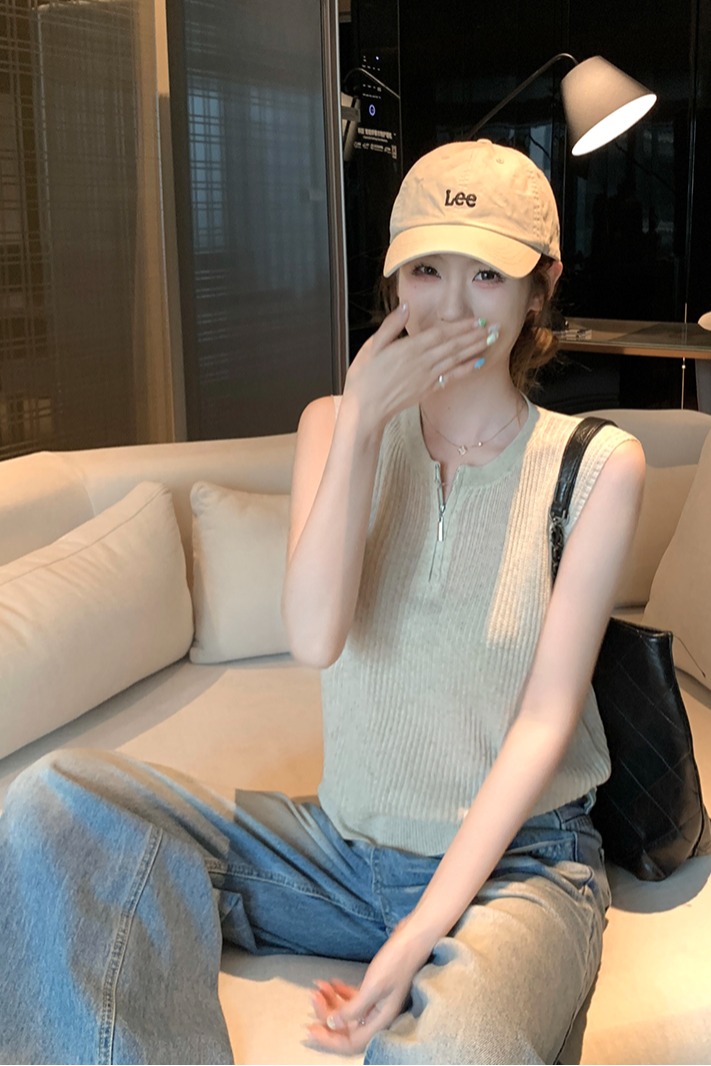 實拍~針織圓領無袖半開拉鏈背心女2026夏季坑條修身顯瘦氣質上衣