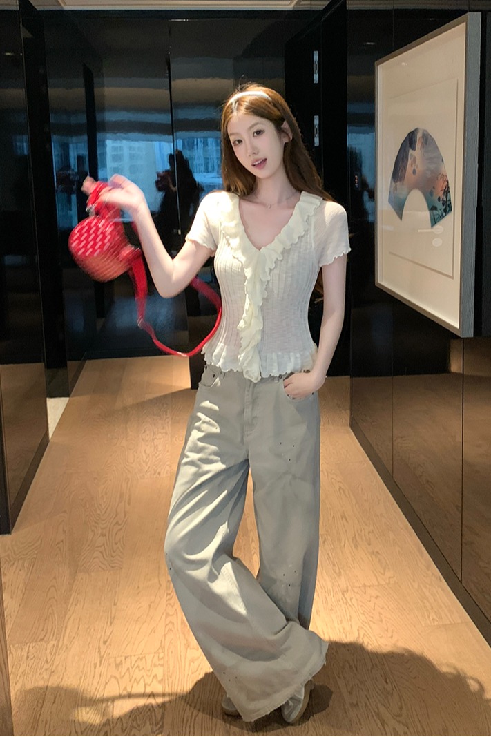 實拍~木耳邊針織衫女新款夏季修身設計感短袖上衣