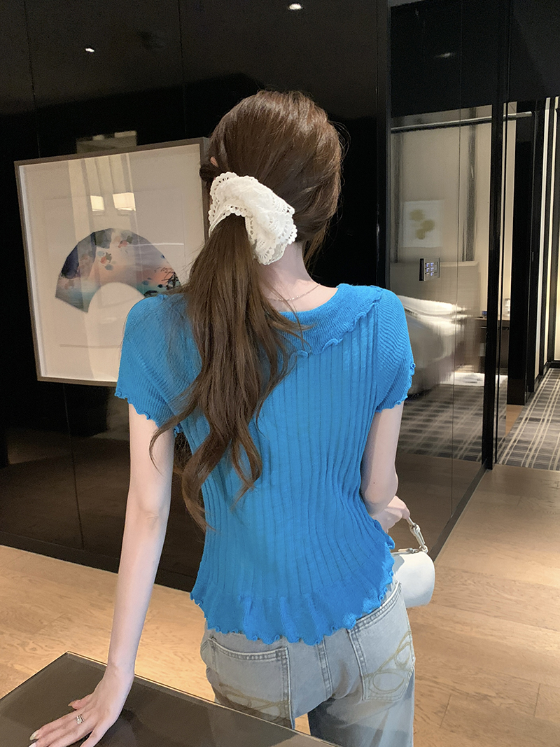 實拍~木耳邊針織衫女新款夏季修身設計感短袖上衣