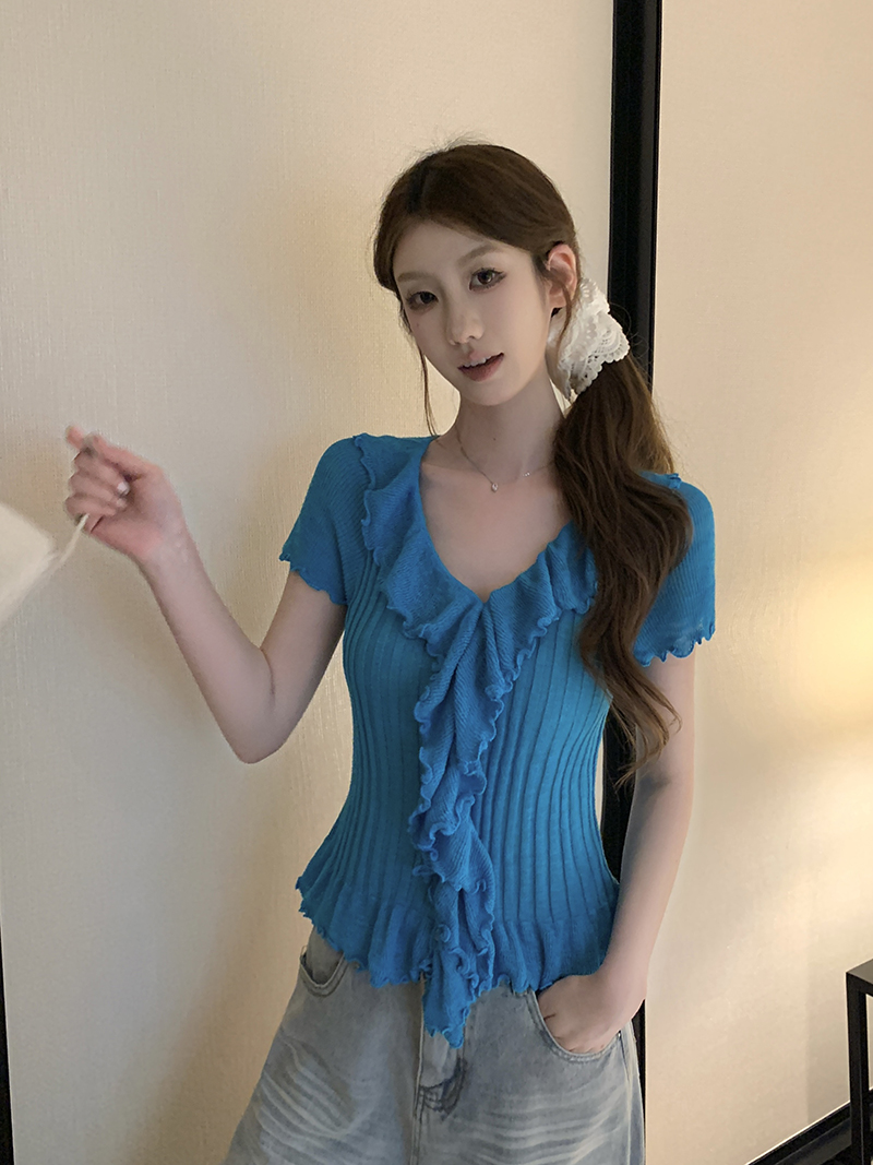 實拍~木耳邊針織衫女新款夏季修身設計感短袖上衣