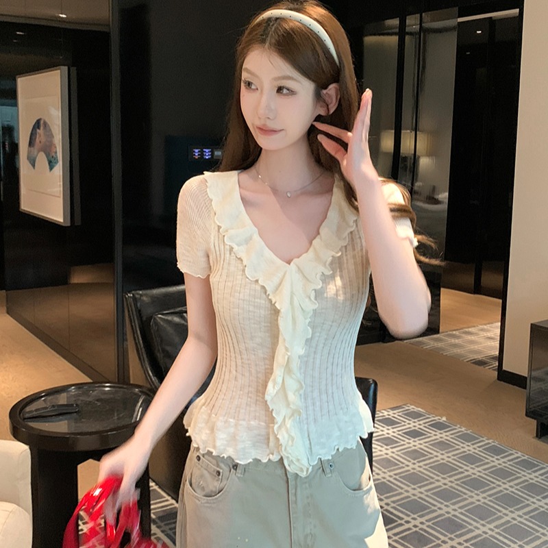實拍~木耳邊針織衫女新款夏季修身設計感短袖上衣