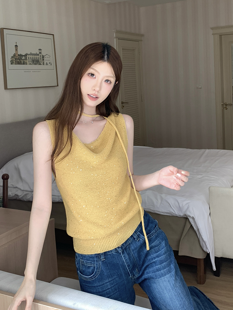 實拍~蕩領掛脖系帶燙鉆針織背心女2026夏季新款修身顯瘦氣質上衣