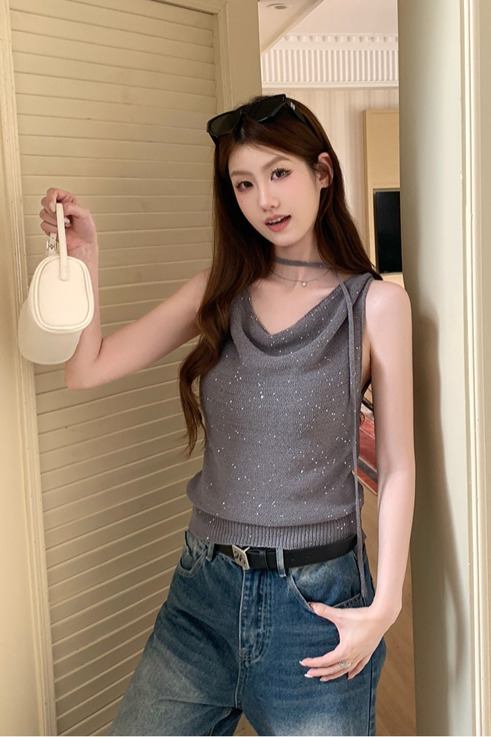 實拍~蕩領掛脖系帶燙鉆針織背心女2026夏季新款修身顯瘦氣質上衣