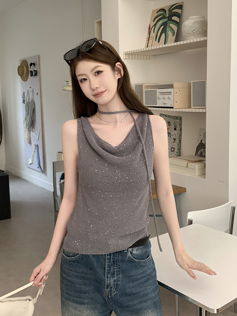 實拍~蕩領掛脖系帶燙鉆針織背心女2026夏季新款修身顯瘦氣質上衣