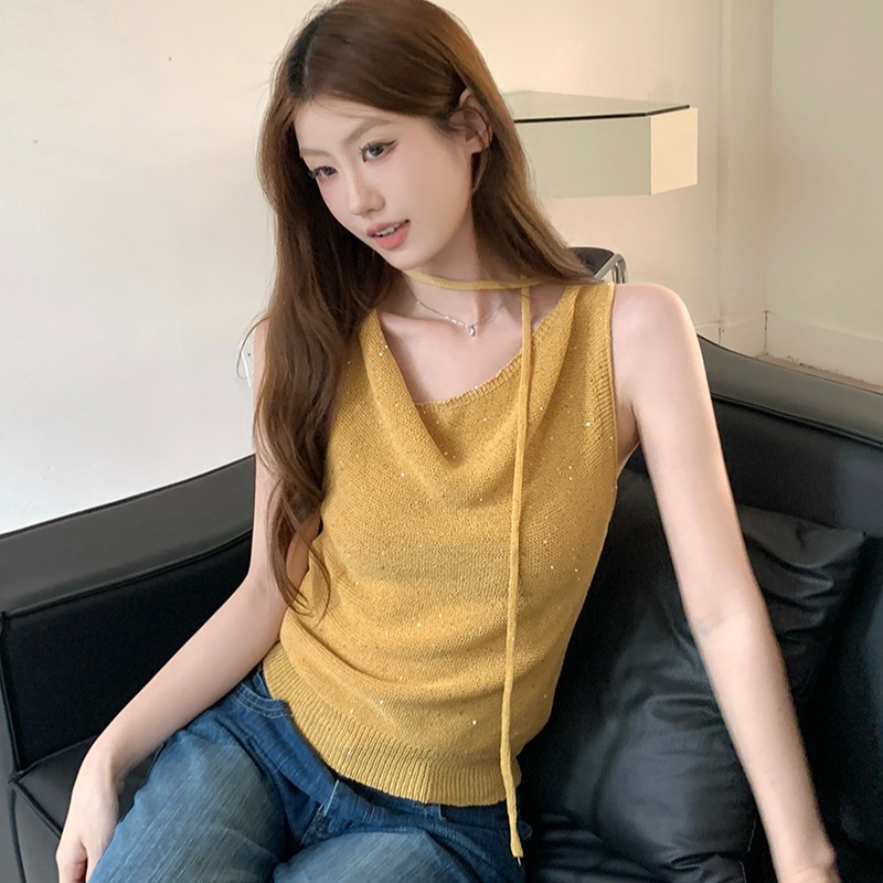 實拍~蕩領掛脖系帶燙鉆針織背心女2026夏季新款修身顯瘦氣質上衣