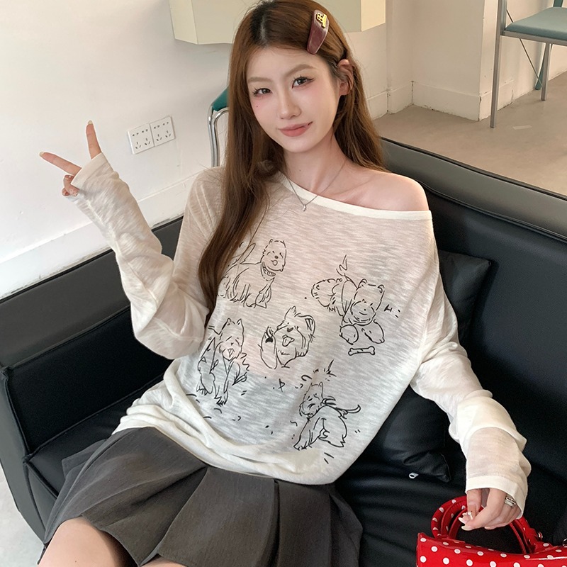 實拍~簡筆小狗印花斜肩竹節棉長袖T恤女夏季新款薄款寬松上衣