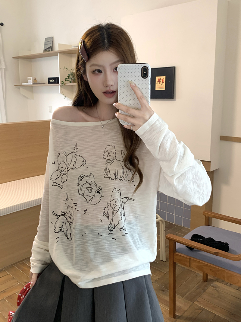 實拍~簡筆小狗印花斜肩竹節棉長袖T恤女夏季新款薄款寬松上衣