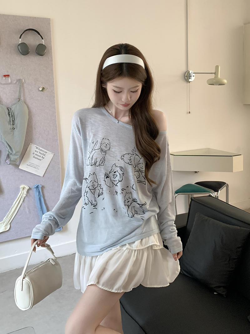 實拍~簡筆小狗印花斜肩竹節棉長袖T恤女夏季新款薄款寬松上衣