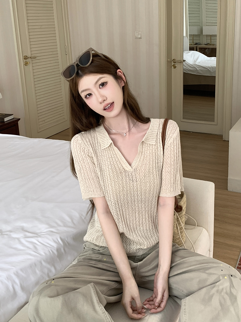 實拍~檸檬綠茶2026夏季翻領短袖針織衫女薄款百搭顯瘦上衣