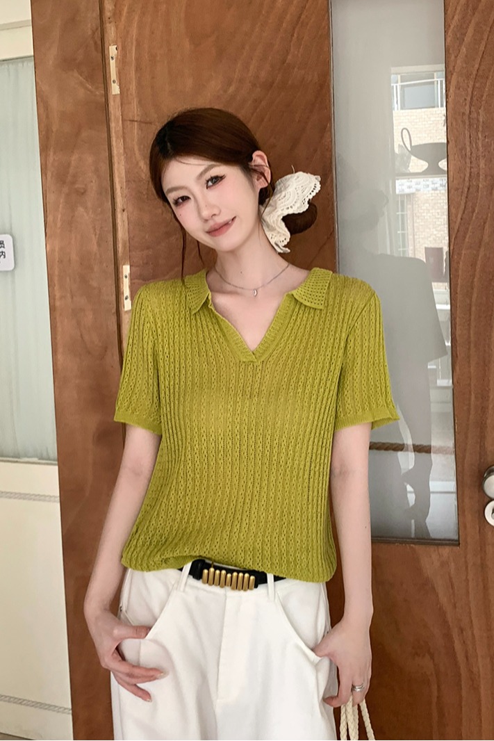 實拍~檸檬綠茶2026夏季翻領短袖針織衫女薄款百搭顯瘦上衣