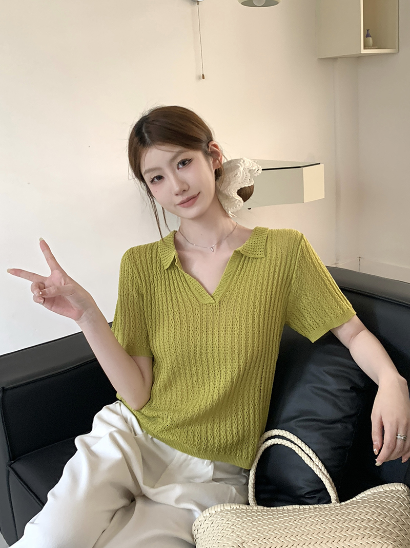實拍~檸檬綠茶2026夏季翻領短袖針織衫女薄款百搭顯瘦上衣