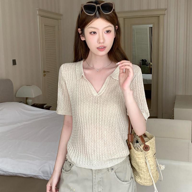 實拍~檸檬綠茶2026夏季翻領短袖針織衫女薄款百搭顯瘦上衣