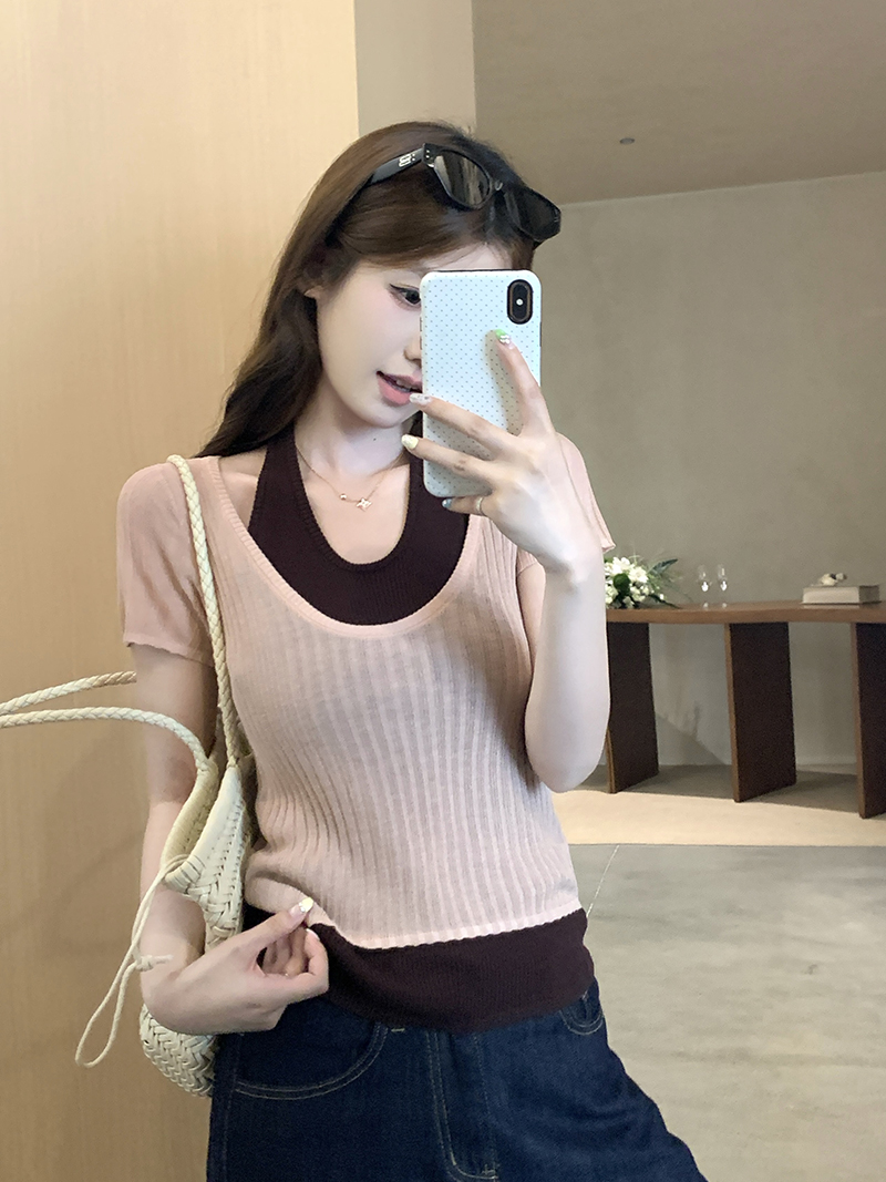 實拍~夏2026新款韓系設計感掛脖假兩件針織衫女撞色修身短袖上衣
