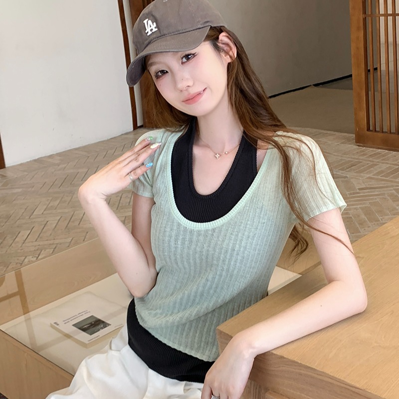 實拍~夏2026新款韓系設計感掛脖假兩件針織衫女撞色修身短袖上衣