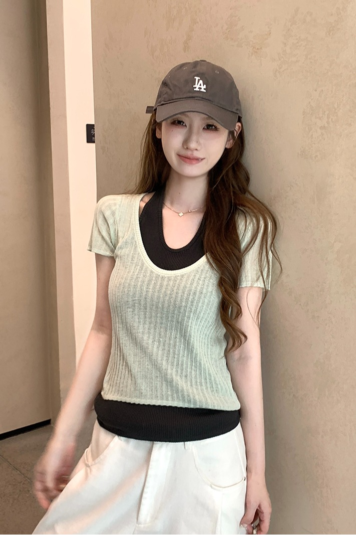 實拍~夏2026新款韓系設計感掛脖假兩件針織衫女撞色修身短袖上衣
