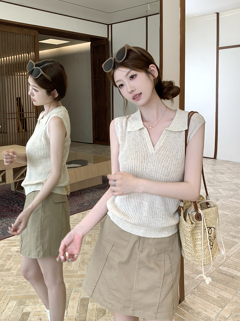 實拍~夏Polo領無袖簡約顯瘦背心女韓系修身顯瘦休閑上衣