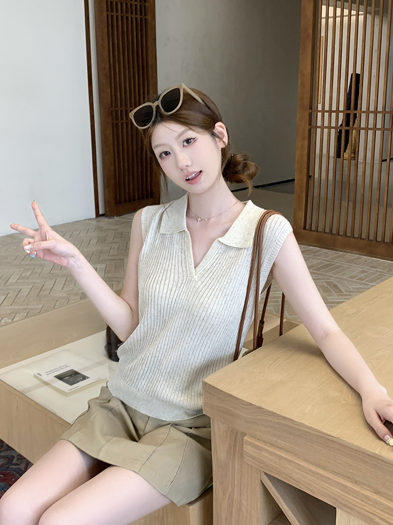 實拍~夏Polo領無袖簡約顯瘦背心女韓系修身顯瘦休閑上衣