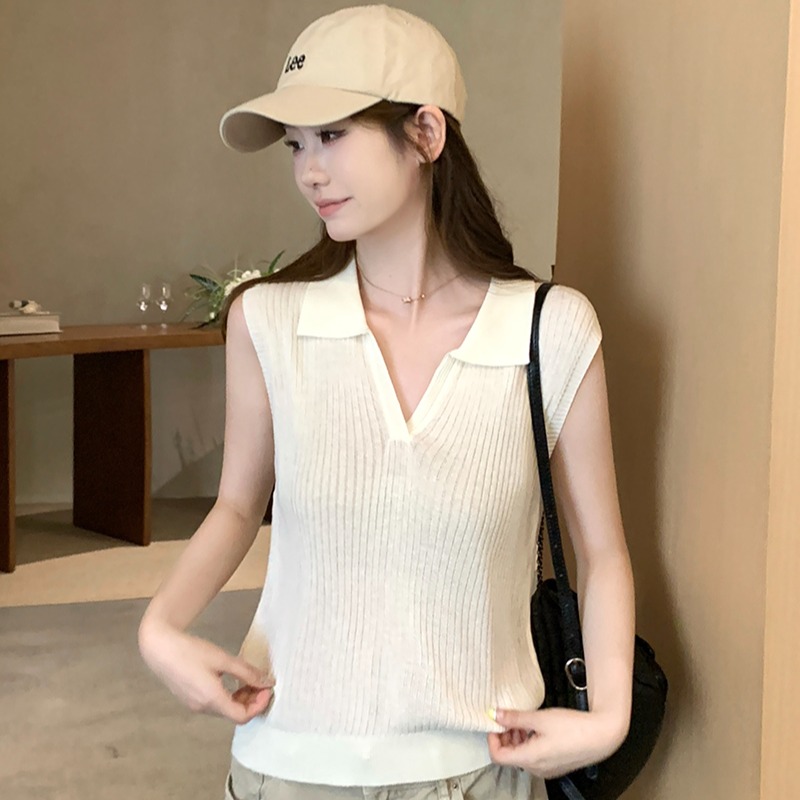 實拍~夏Polo領無袖簡約顯瘦背心女韓系修身顯瘦休閑上衣