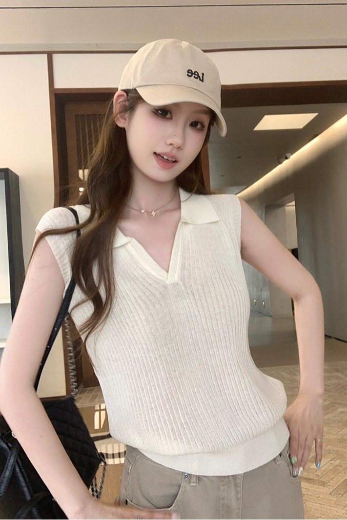 實拍~夏Polo領無袖簡約顯瘦背心女韓系修身顯瘦休閑上衣
