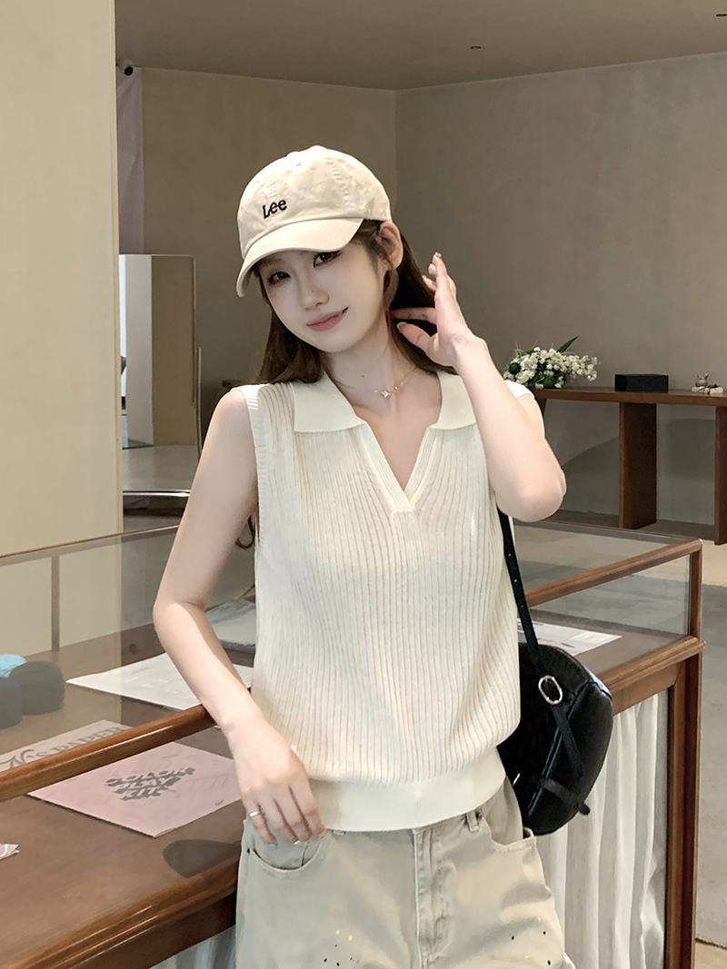 實拍~夏Polo領無袖簡約顯瘦背心女韓系修身顯瘦休閑上衣