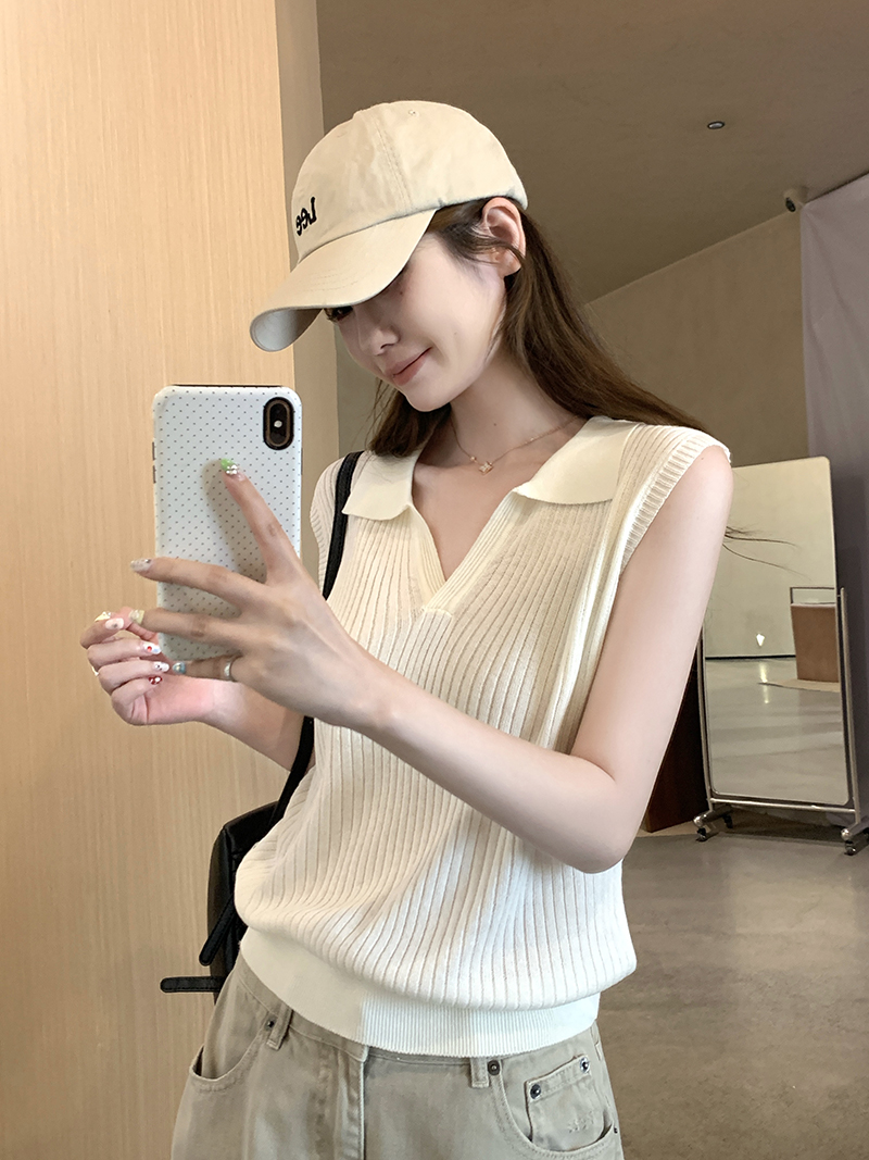 實拍~夏Polo領無袖簡約顯瘦背心女韓系修身顯瘦休閑上衣