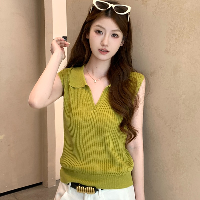 實拍~夏Polo領無袖簡約顯瘦背心女韓系修身顯瘦休閑上衣