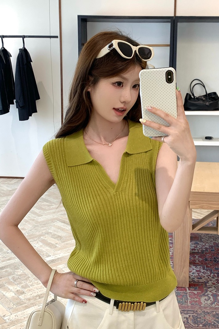 實拍~夏Polo領無袖簡約顯瘦背心女韓系修身顯瘦休閑上衣