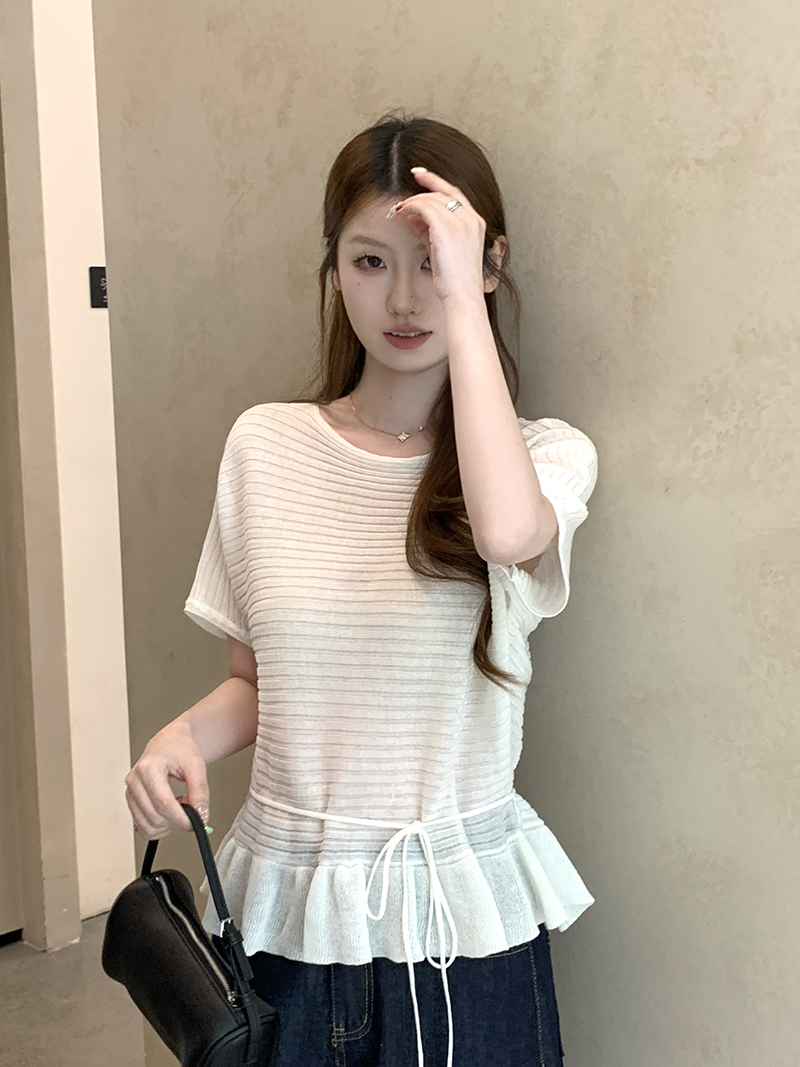 實拍~法式荷葉邊短袖針織衫女夏季高級感系帶收腰上衣薄款