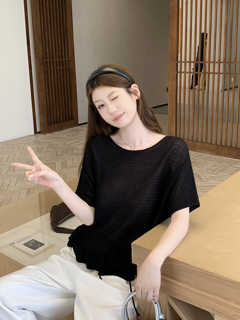 實拍~法式荷葉邊短袖針織衫女夏季高級感系帶收腰上衣薄款