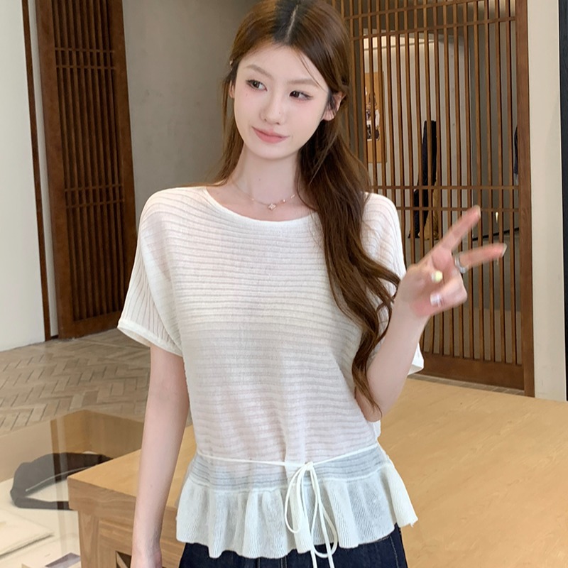 實拍~法式荷葉邊短袖針織衫女夏季高級感系帶收腰上衣薄款