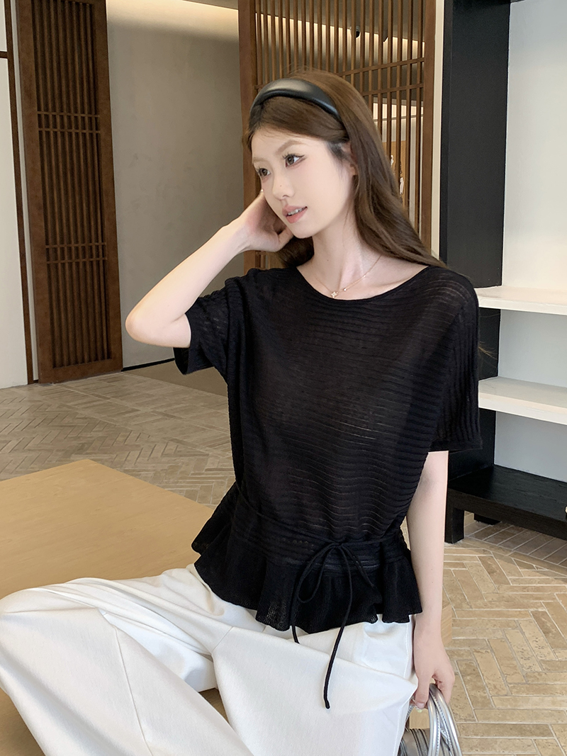 實拍~法式白色荷葉邊短袖針織衫女夏季高級感系帶收腰上衣薄款