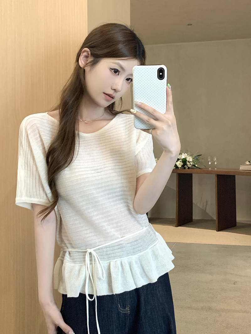 實拍~法式白色荷葉邊短袖針織衫女夏季高級感系帶收腰上衣薄款