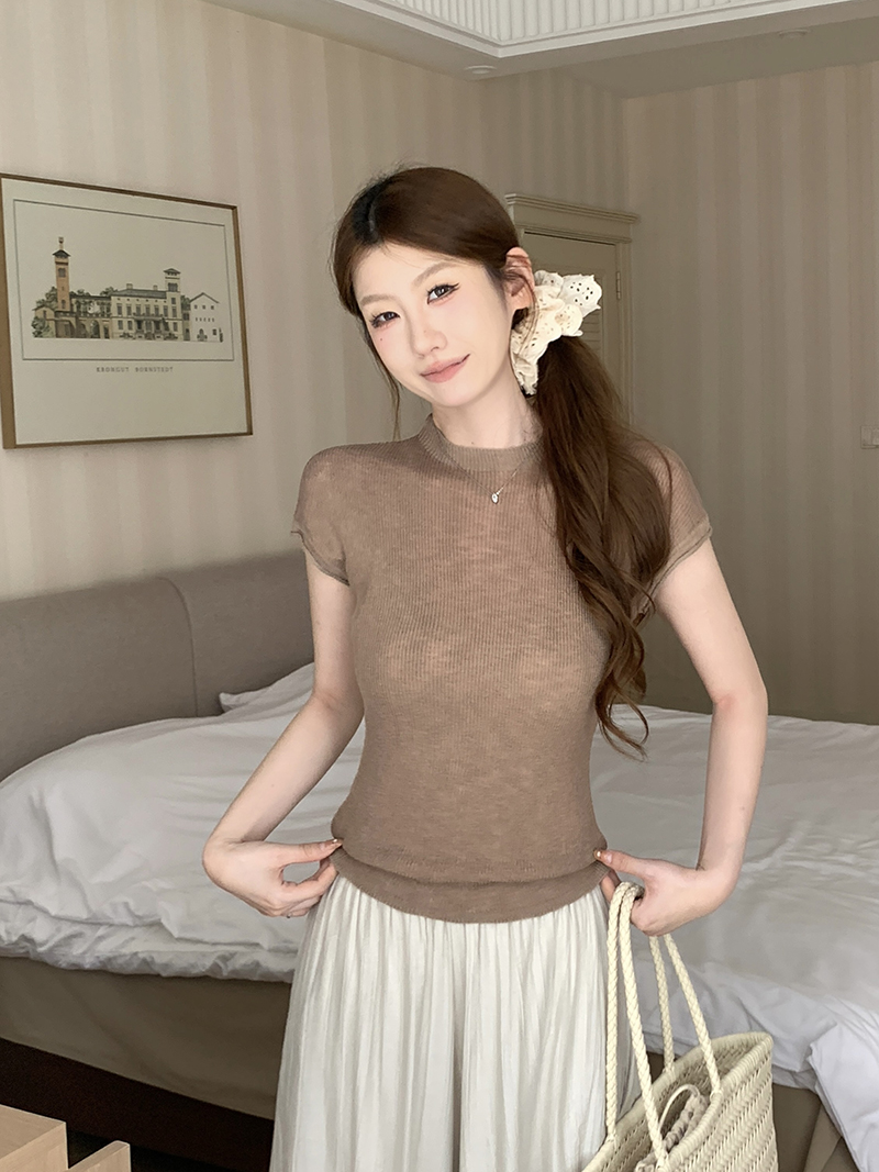 實拍~針織圓領坑條飛袖T恤女2026夏季新款修身顯瘦薄款氣質上衣