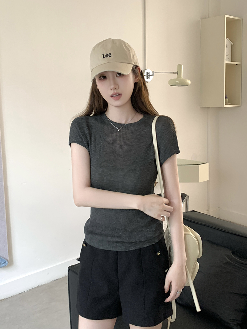 實拍~針織圓領坑條飛袖T恤女2026夏季新款修身顯瘦薄款氣質上衣