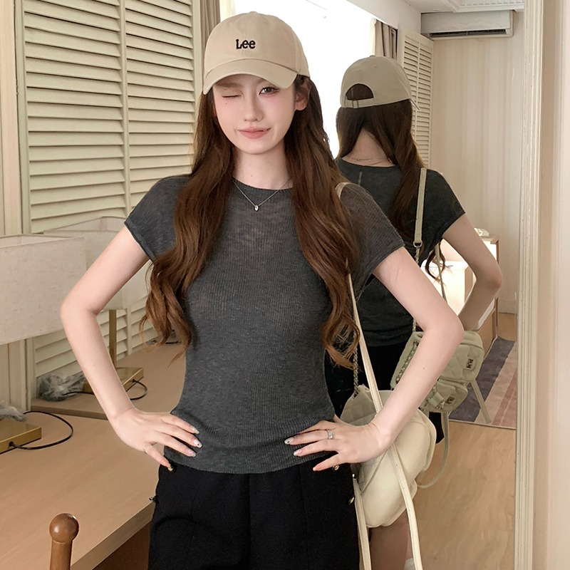 實拍~針織圓領坑條飛袖T恤女2026夏季新款修身顯瘦薄款氣質上衣