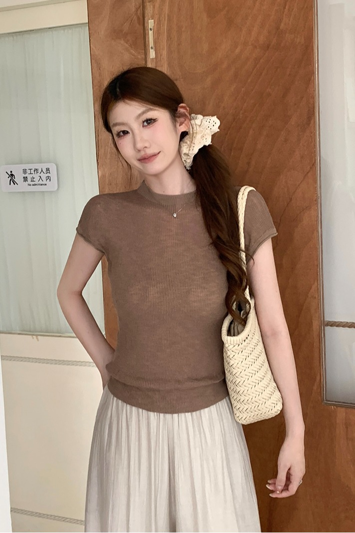 實拍~針織圓領坑條飛袖T恤女2026夏季新款修身顯瘦薄款氣質上衣