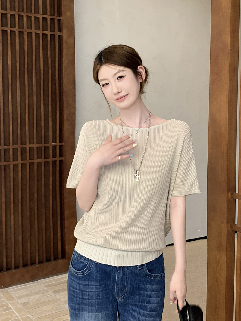 實拍~針織一字領坑條蝙蝠袖T恤女2026夏季新款寬松顯瘦薄款上衣