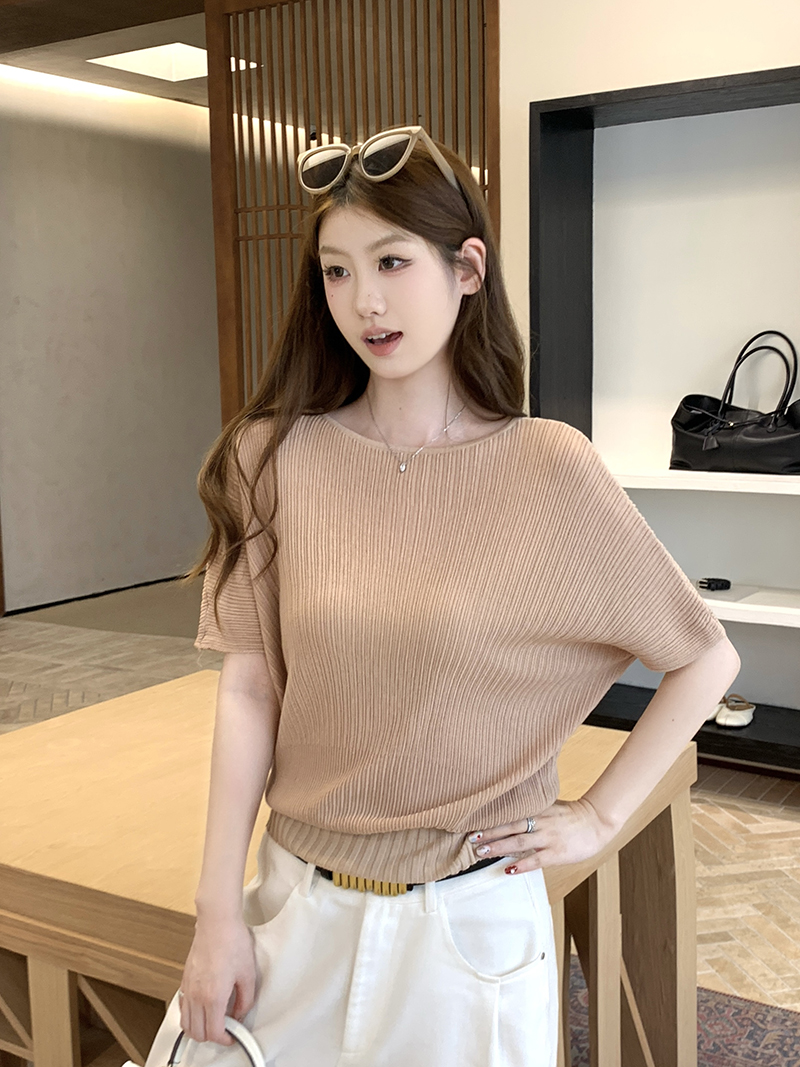 實拍~針織一字領坑條蝙蝠袖T恤女2026夏季新款寬松顯瘦薄款上衣