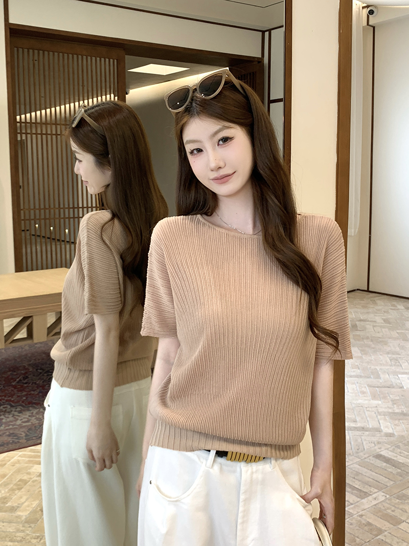 實拍~針織一字領坑條蝙蝠袖T恤女2026夏季新款寬松顯瘦薄款上衣