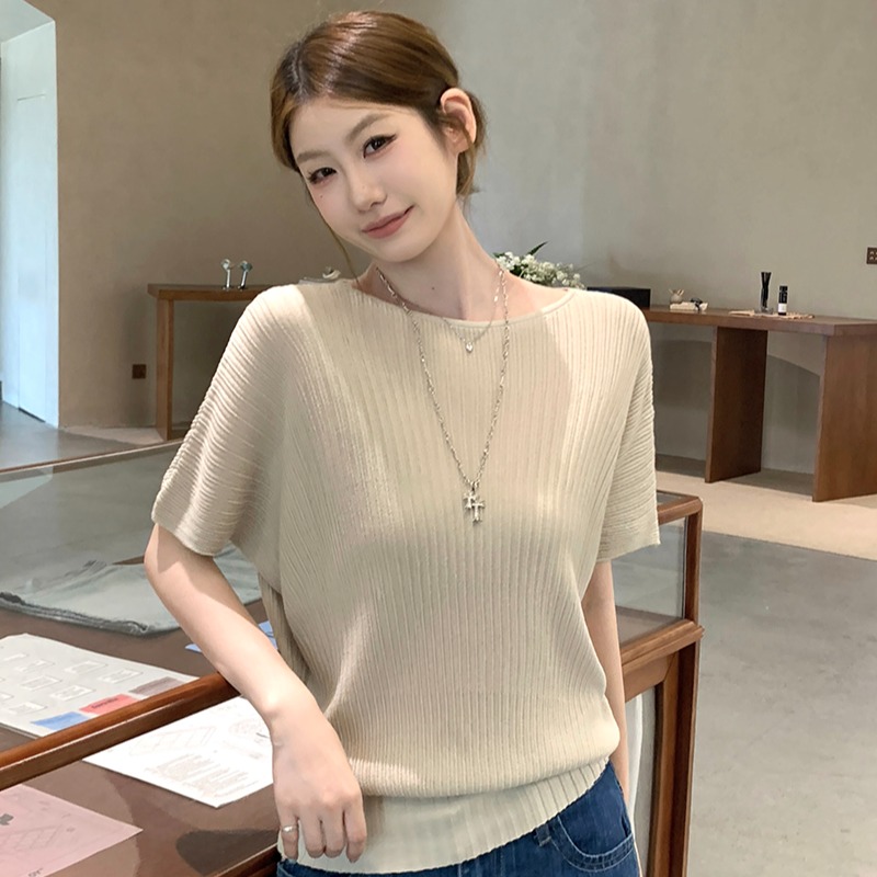 實拍~針織一字領坑條蝙蝠袖T恤女2026夏季新款寬松顯瘦薄款上衣