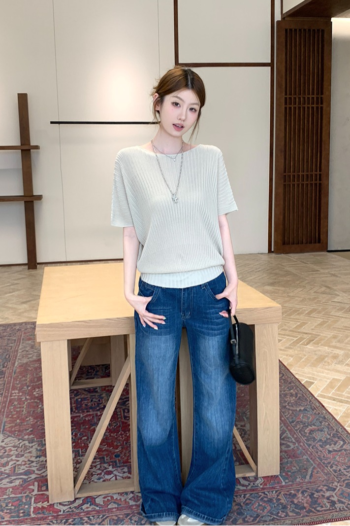 實拍~針織一字領坑條蝙蝠袖T恤女2026夏季新款寬松顯瘦薄款上衣