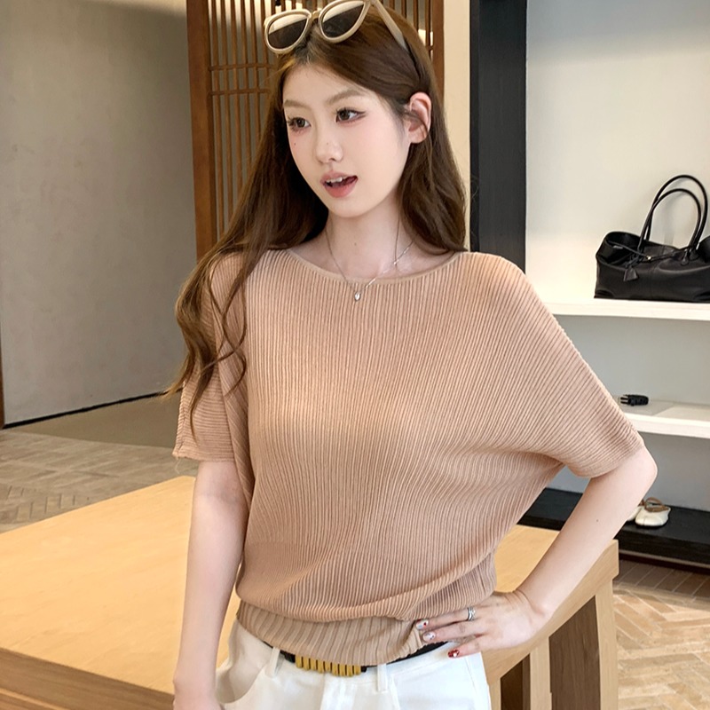 實拍~針織一字領坑條蝙蝠袖T恤女2026夏季新款寬松顯瘦薄款上衣