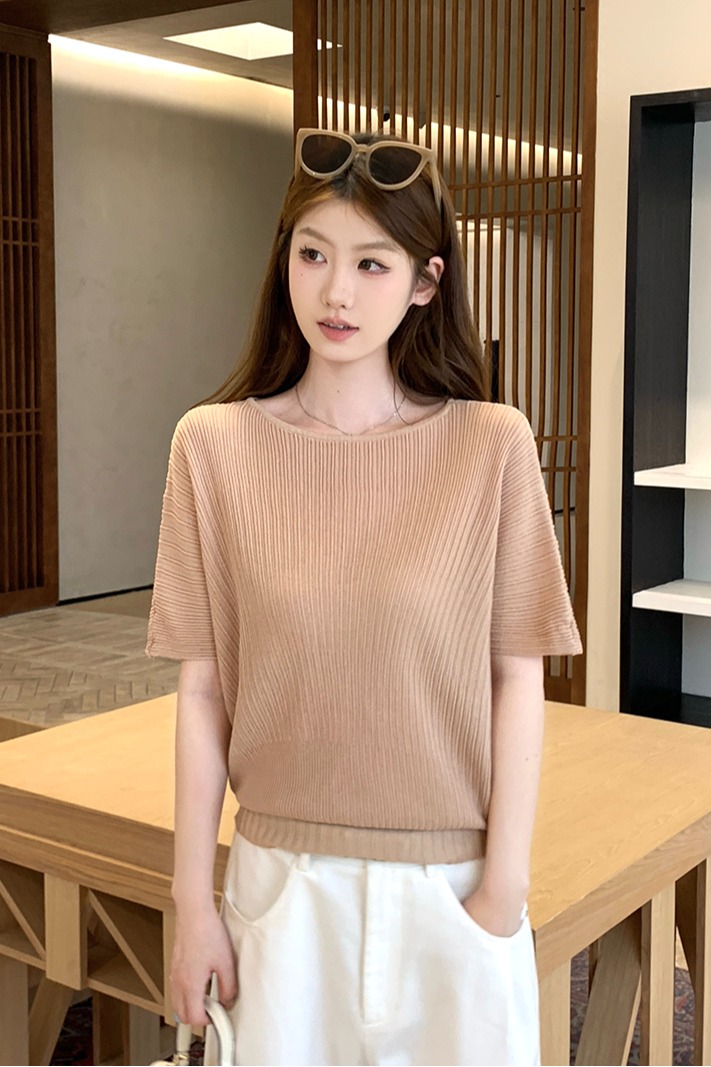 實拍~針織一字領坑條蝙蝠袖T恤女2026夏季新款寬松顯瘦薄款上衣